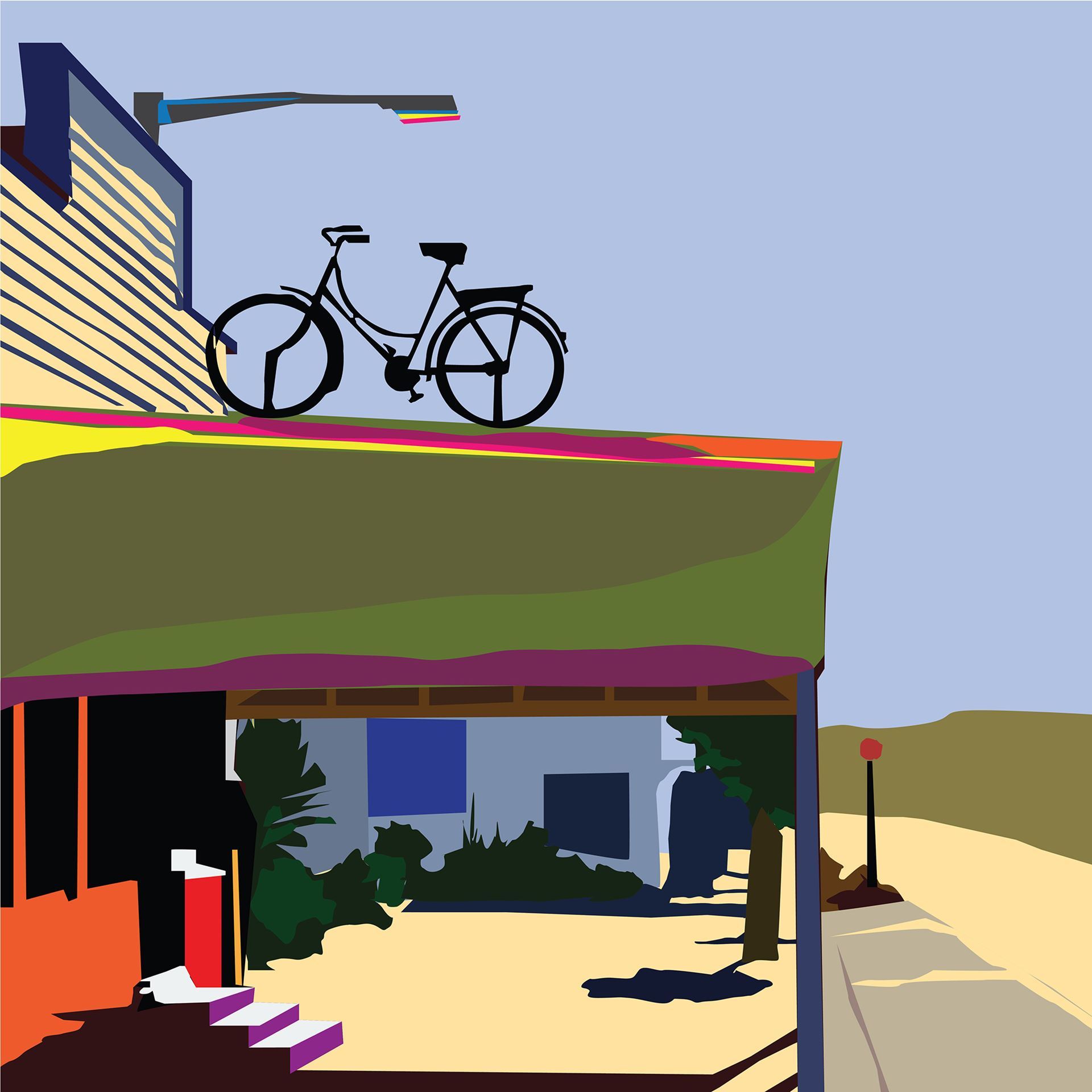 Digital illustration, "BikeShop" by Laura Manney. Brightly-colored side view of a bike shop with simplified vector shapes.