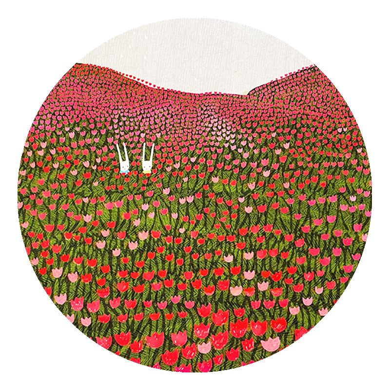 Painting of flower field with bunnies by Deborah Marcero
